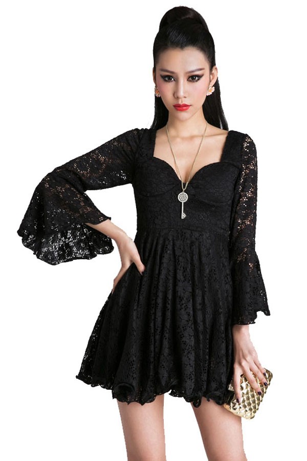 Long Sleeve Lace Flare Dress - Beautiful And Elegant
