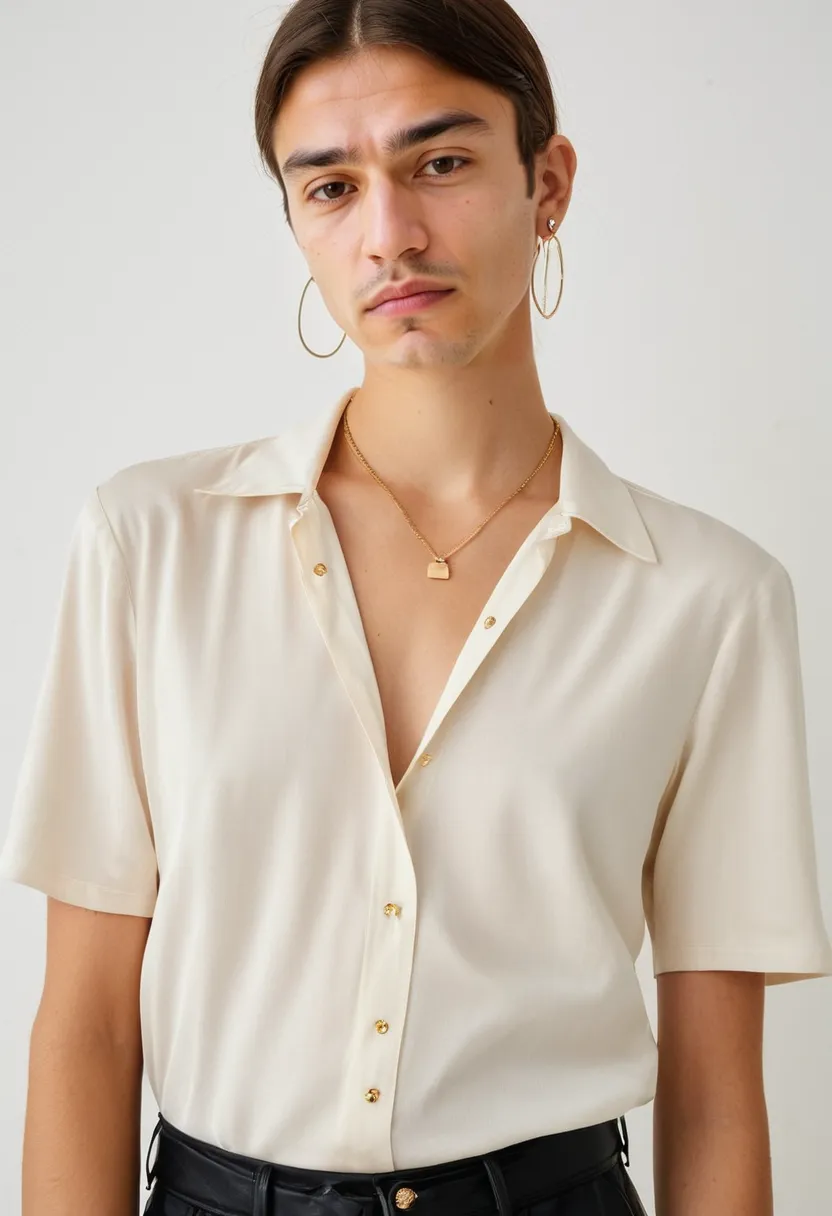 Delicate layered accessories on boy in ivory blouse under holographic lighting