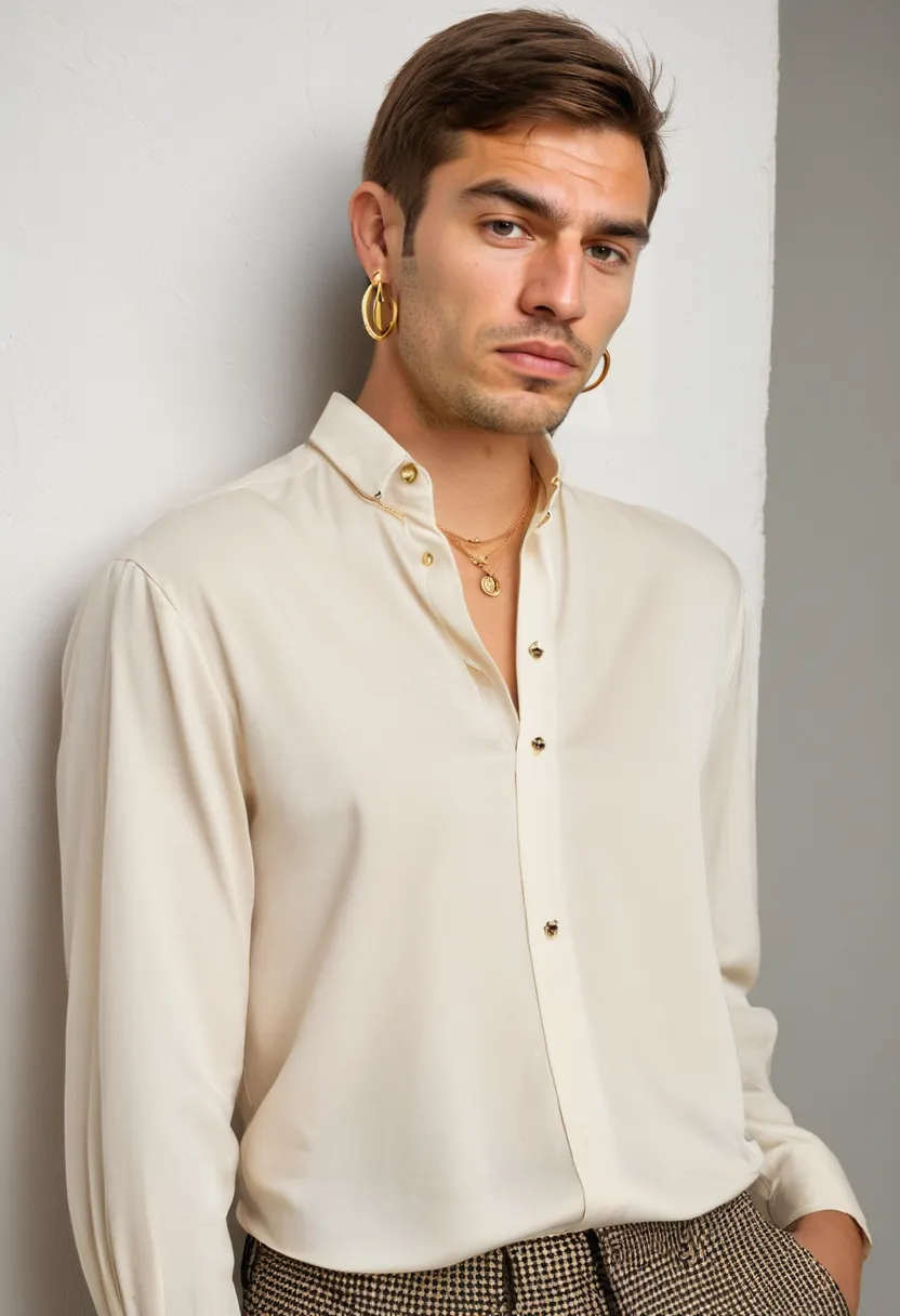 Minimal feminine accessories including thin gold chain and stud earrings on ivory blouse in neon noir studio