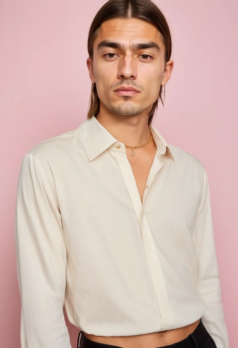 Boy wearing a soft ivory blouse with a single thin gold chain, small stud earrings and one delicate ring against a neon noir studio backdrop