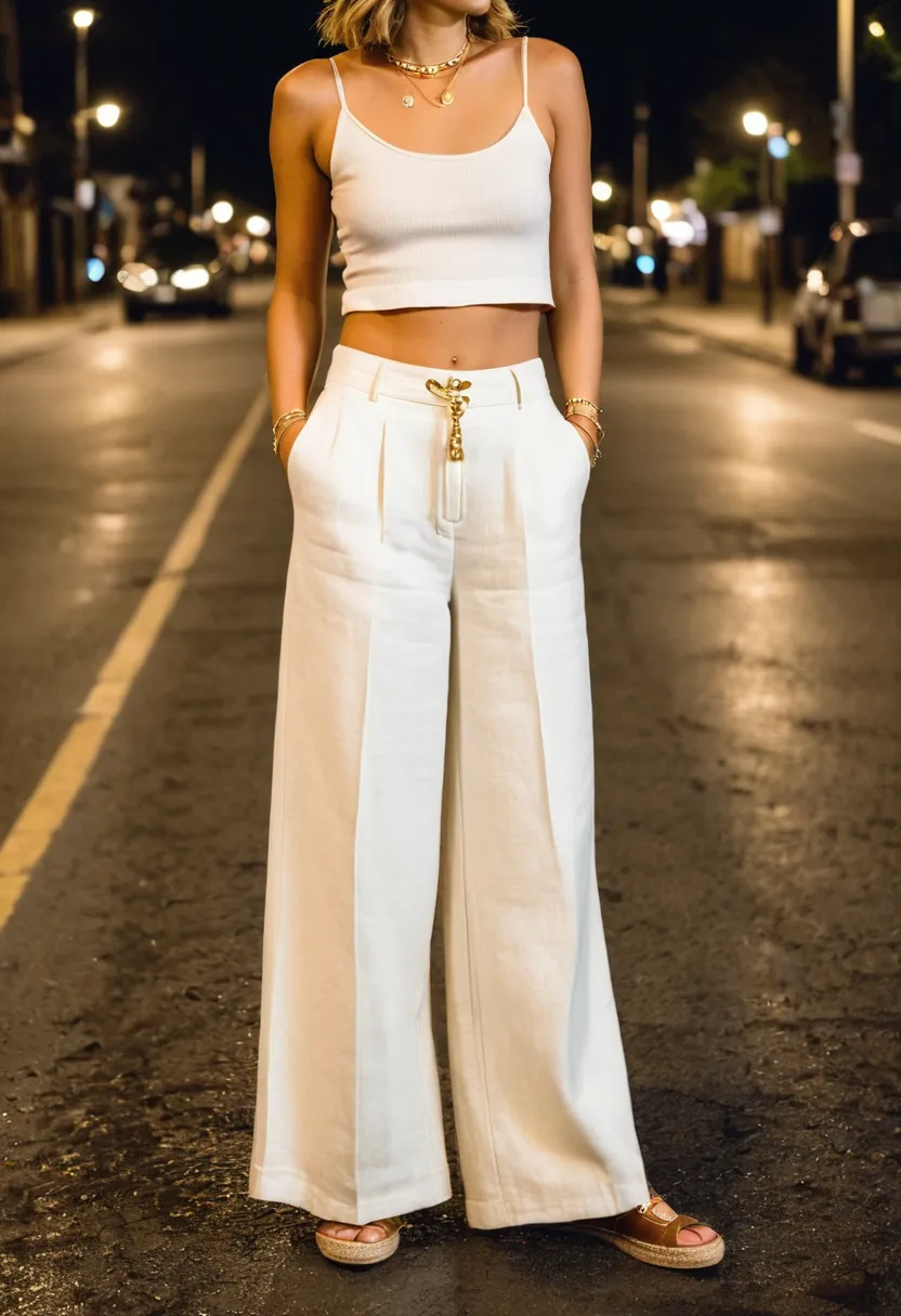 Detail of thin gold anklet at the hem of cream linen trousers worn by a boy