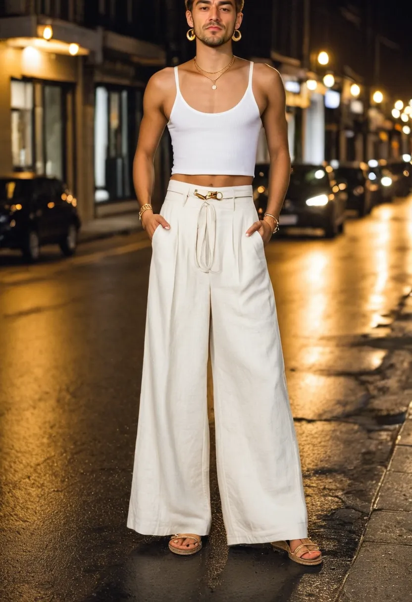 Boy in cream linen wide-leg trousers with thin gold anklets at the hem and stacked gold bracelets on the wrist, on wet pavement at night