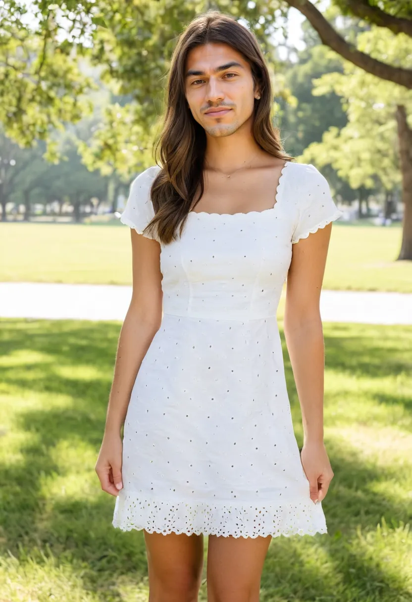 man wearing a cute white eyelet mini dress with square neckline and mid-thigh hem