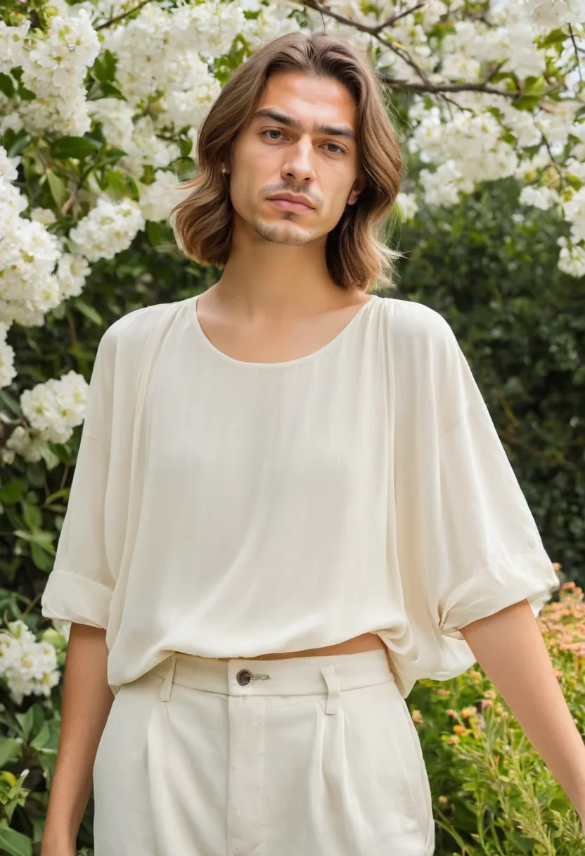 loose chiffon blouse with soft ivory fabric gathering at the tuck point with asymmetrical hem draping beautifully