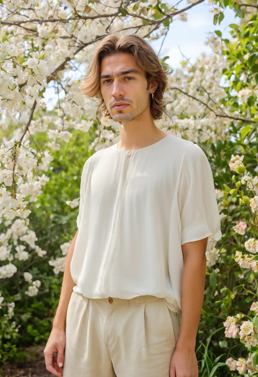 ivory chiffon blouse half-tucked with flowy untucked back hem that drapes longer than the front creating subtle asymmetry