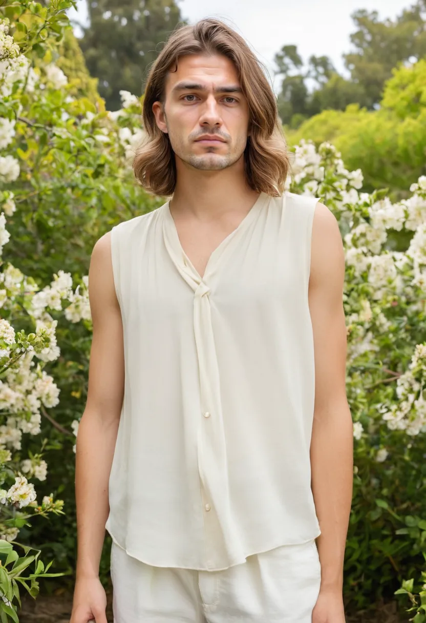 man wearing loose chiffon blouse half-tucked into high-waisted bottom with soft ivory fabric and flowy untucked back hem in blooming garden