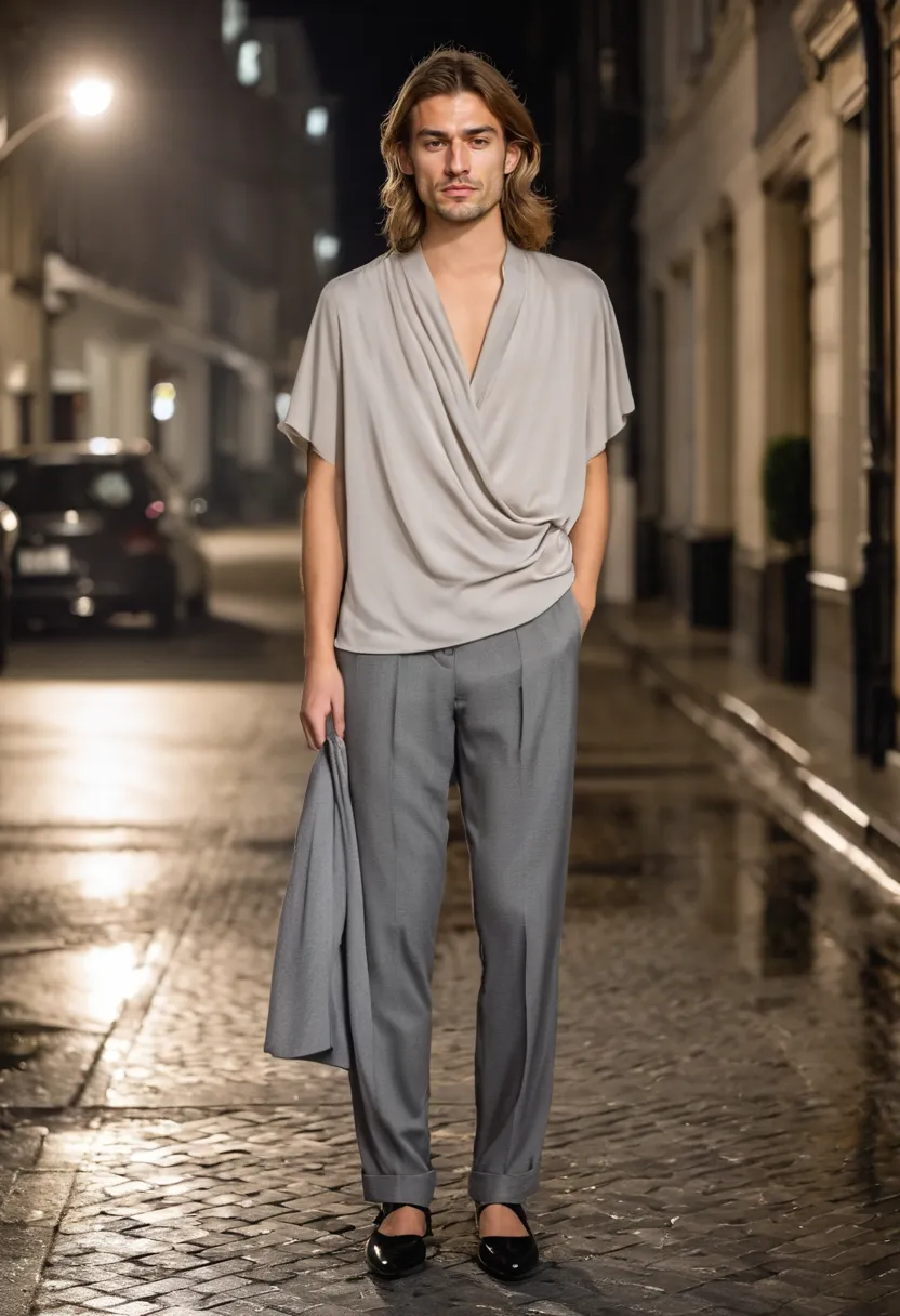 Androgynous aesthetic outfit with slim grey tailored trousers and matching draped neutral blouse