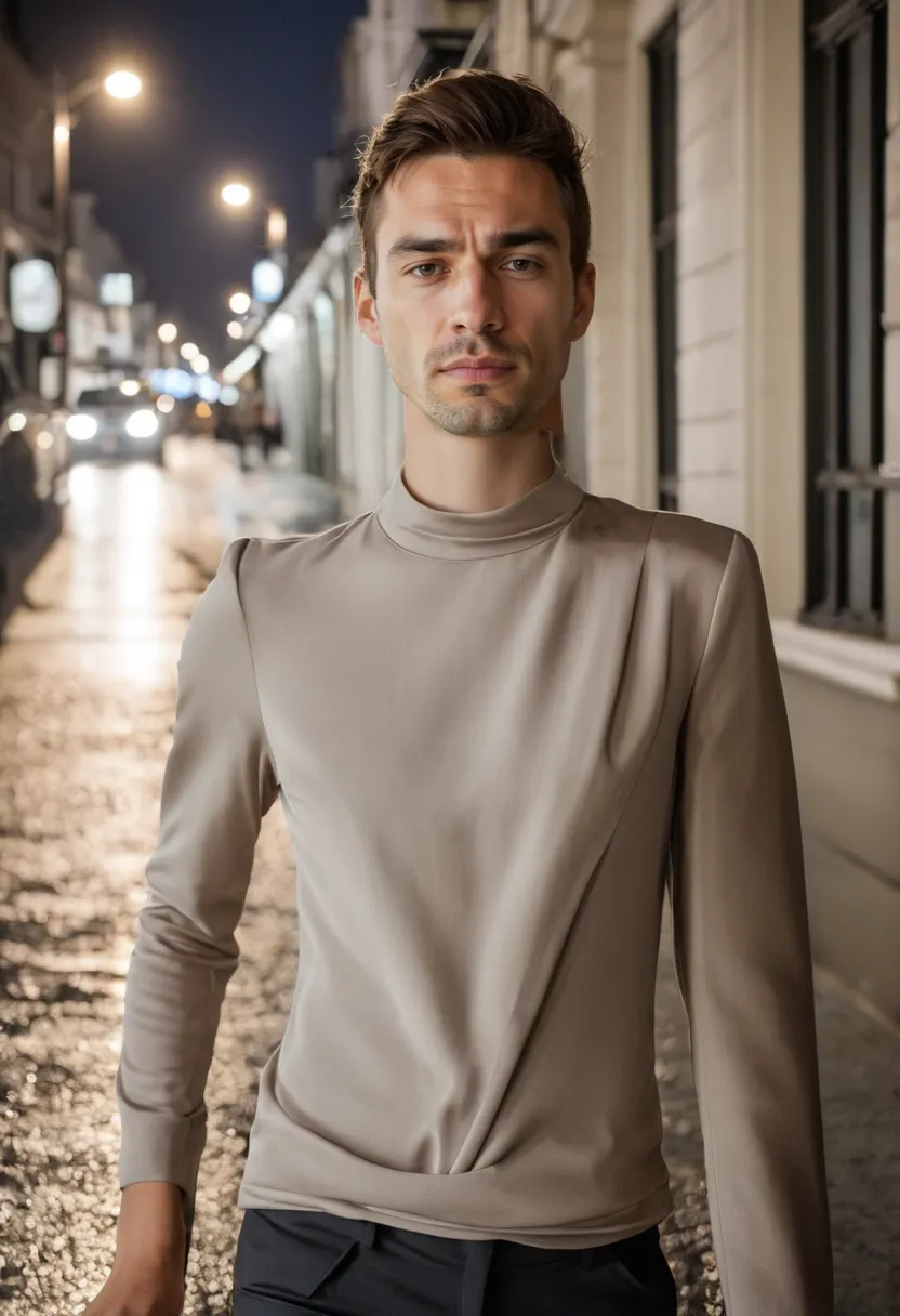 Boy wearing tailored slim grey trousers with a draped blouse in the same neutral tone on a wet night street