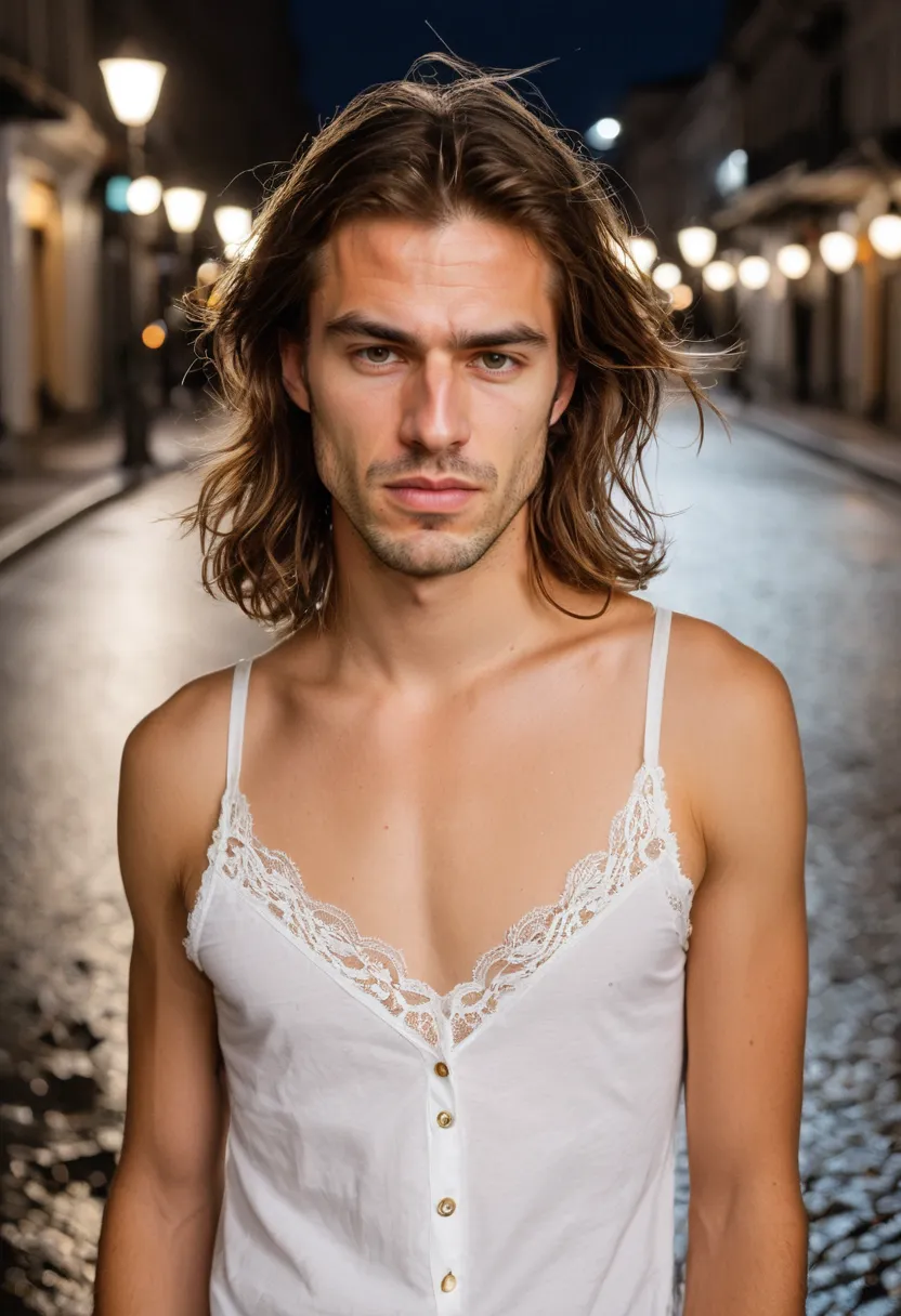 Androgynous style outfit with structured cotton shirt layered over delicate lace camisole