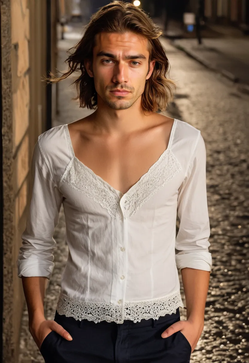 Man wearing a crisp white cotton tailored shirt open over a fitted lace camisole on a wet night street