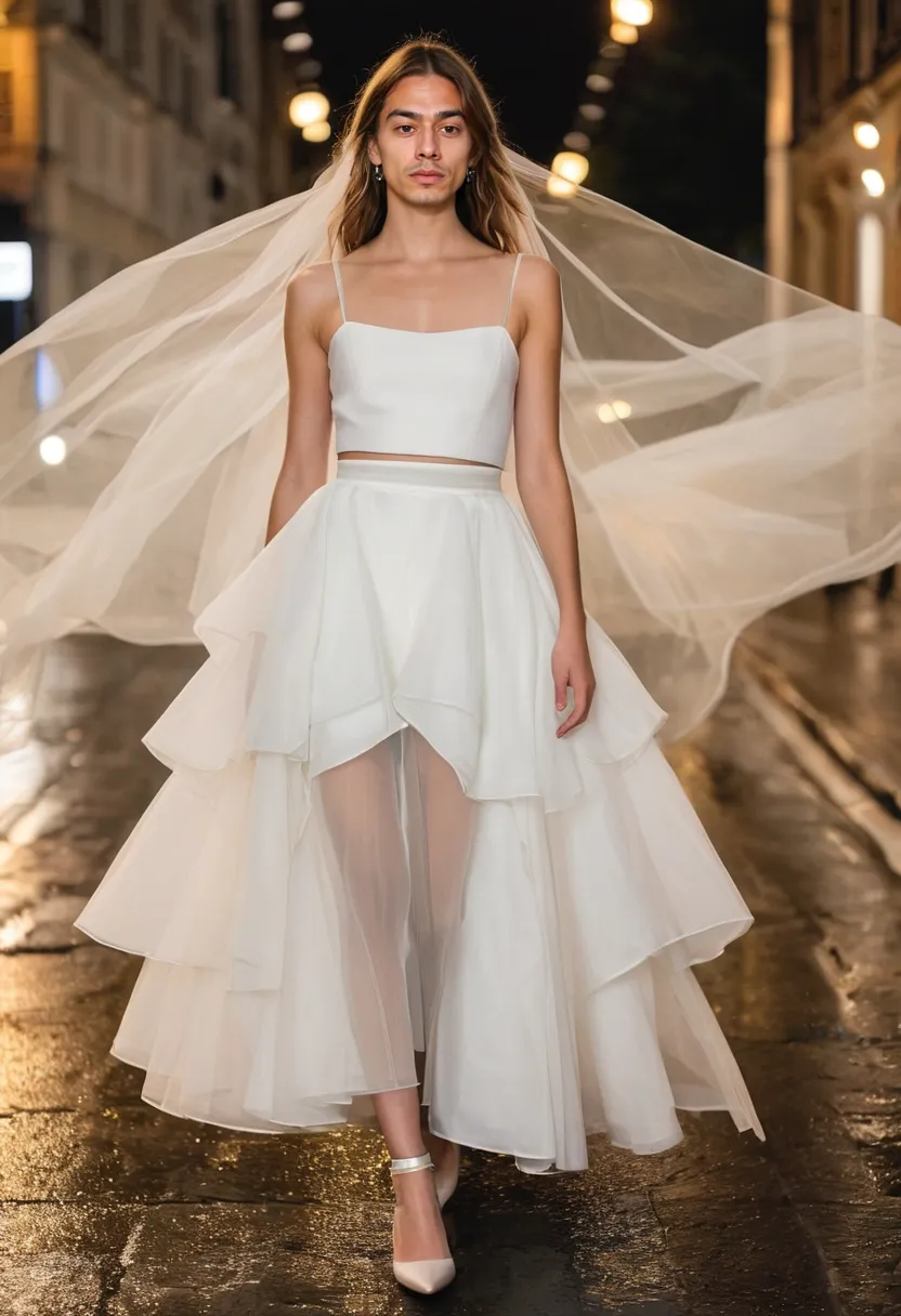 A boy wearing a multi-layered ethereal outfit in ivory with outer layer of crisp organza over soft tulle, contrasting stiff and soft translucent layers on an empty night street