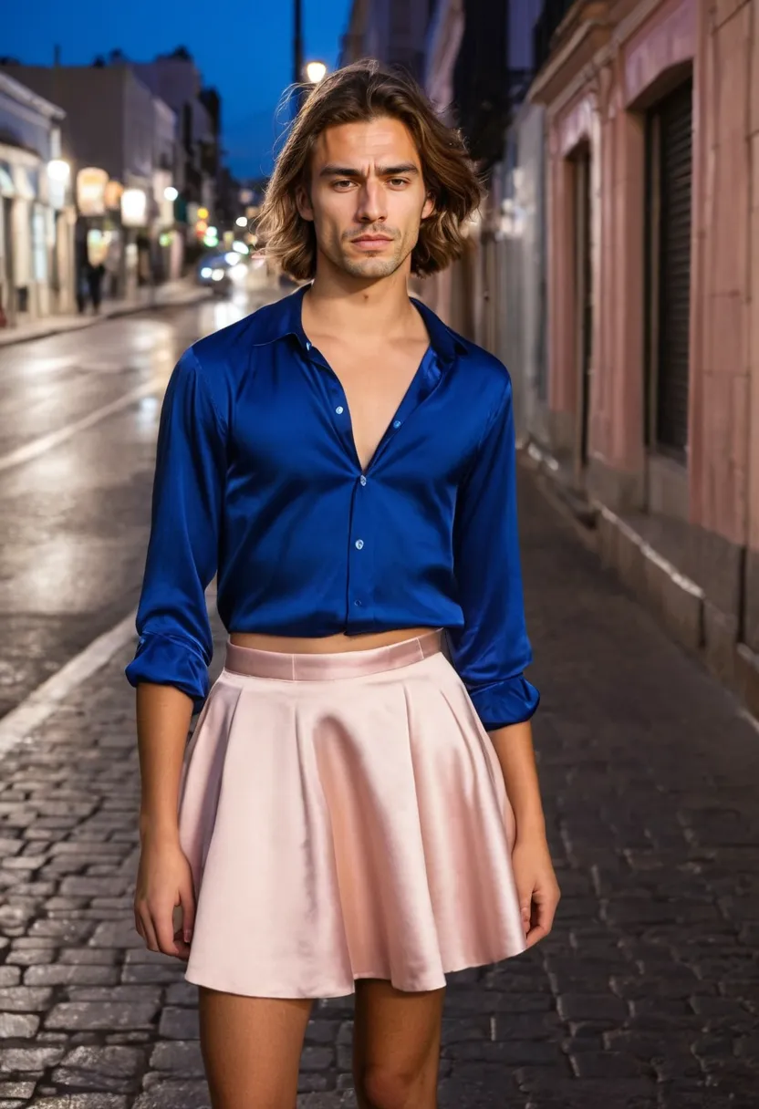 Pretty man fashion featuring satin and pastel color play on wet nighttime street
