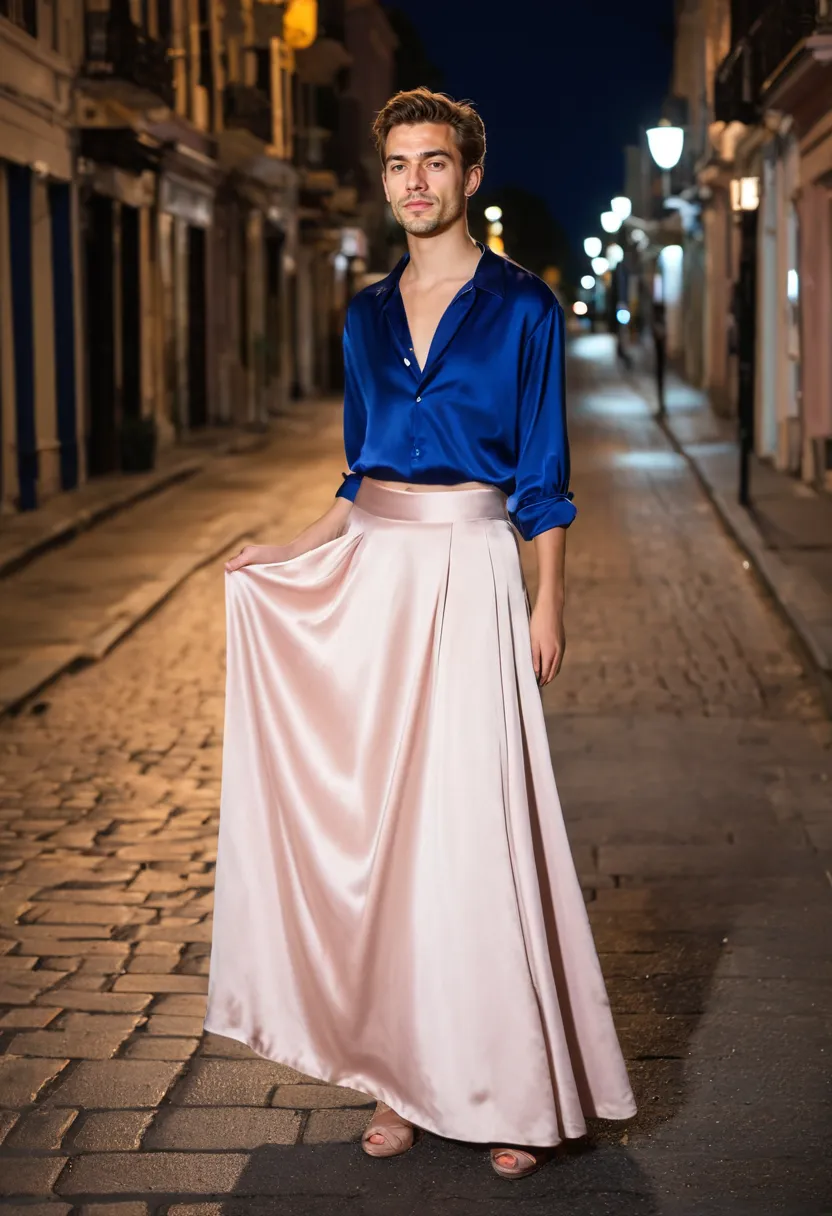Cobalt satin blouse paired with pale pink skirt creating rich color contrast