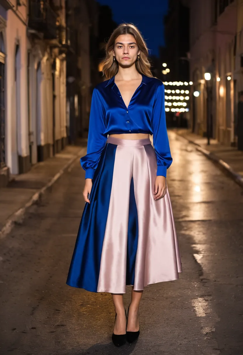 A boy wearing a deep cobalt blue satin blouse with a wide blush pink skirt showing bold color contrast
