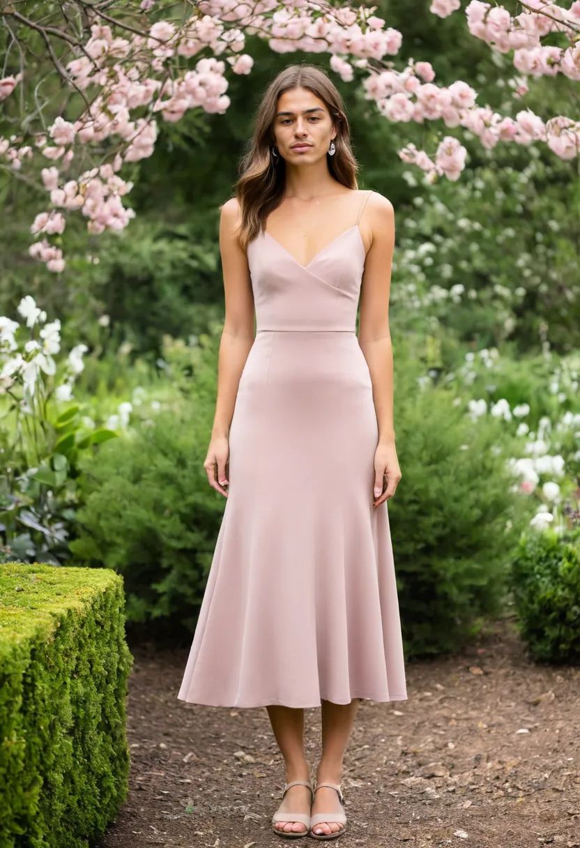 A man wearing a midi-length dress in soft dusty rose, fitted bodice flaring at the hip, in a blooming garden