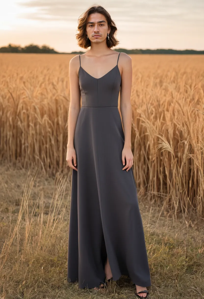 Graceful charcoal crepe maxi dress on a man, effortlessly refined, with minimalist design and beautiful drape in sunset lighting