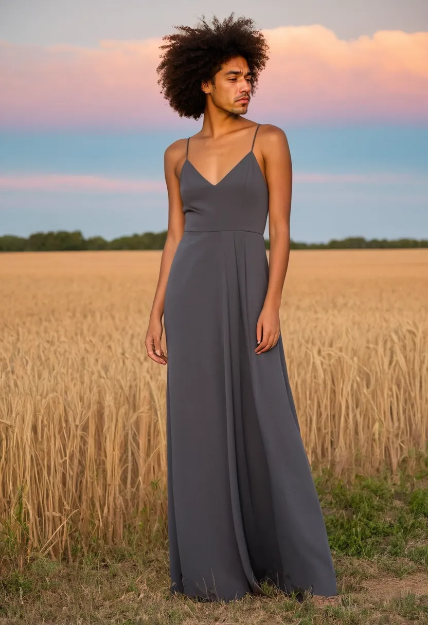 Man in soft charcoal heavyweight crepe floor-length dress with smooth matte surface and subtle ruche at the hip, elongated silhouette
