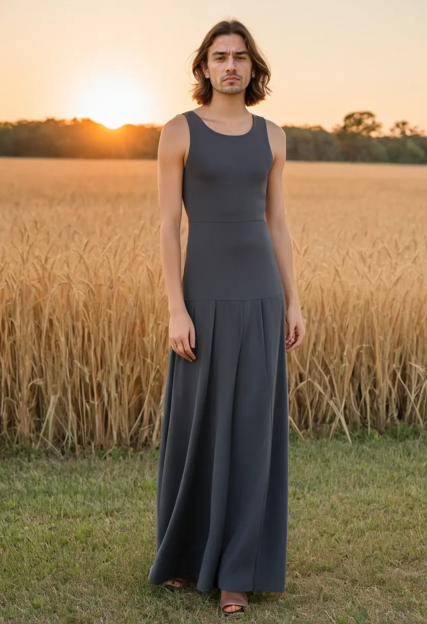 Man wearing an elegant charcoal crepe maxi dress with minimal A-line silhouette, floor-length hem, and clean precise seam lines
