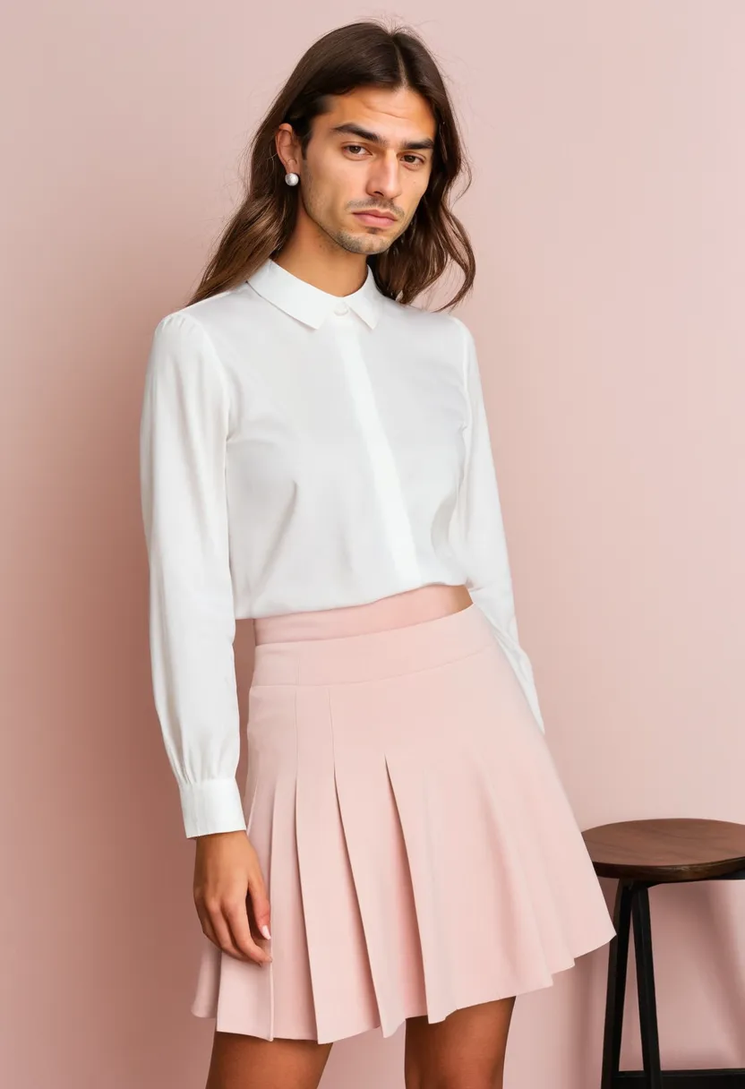 Before and after feminine boy looks showcasing simple A-line skirt and fitted blouse combination with holographic studio accents