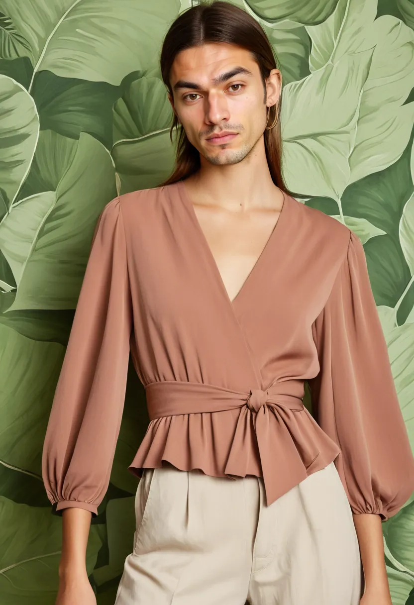 Big flowy dusty rose blouse cinched with thin belt creating hourglass shape against green leaf wall