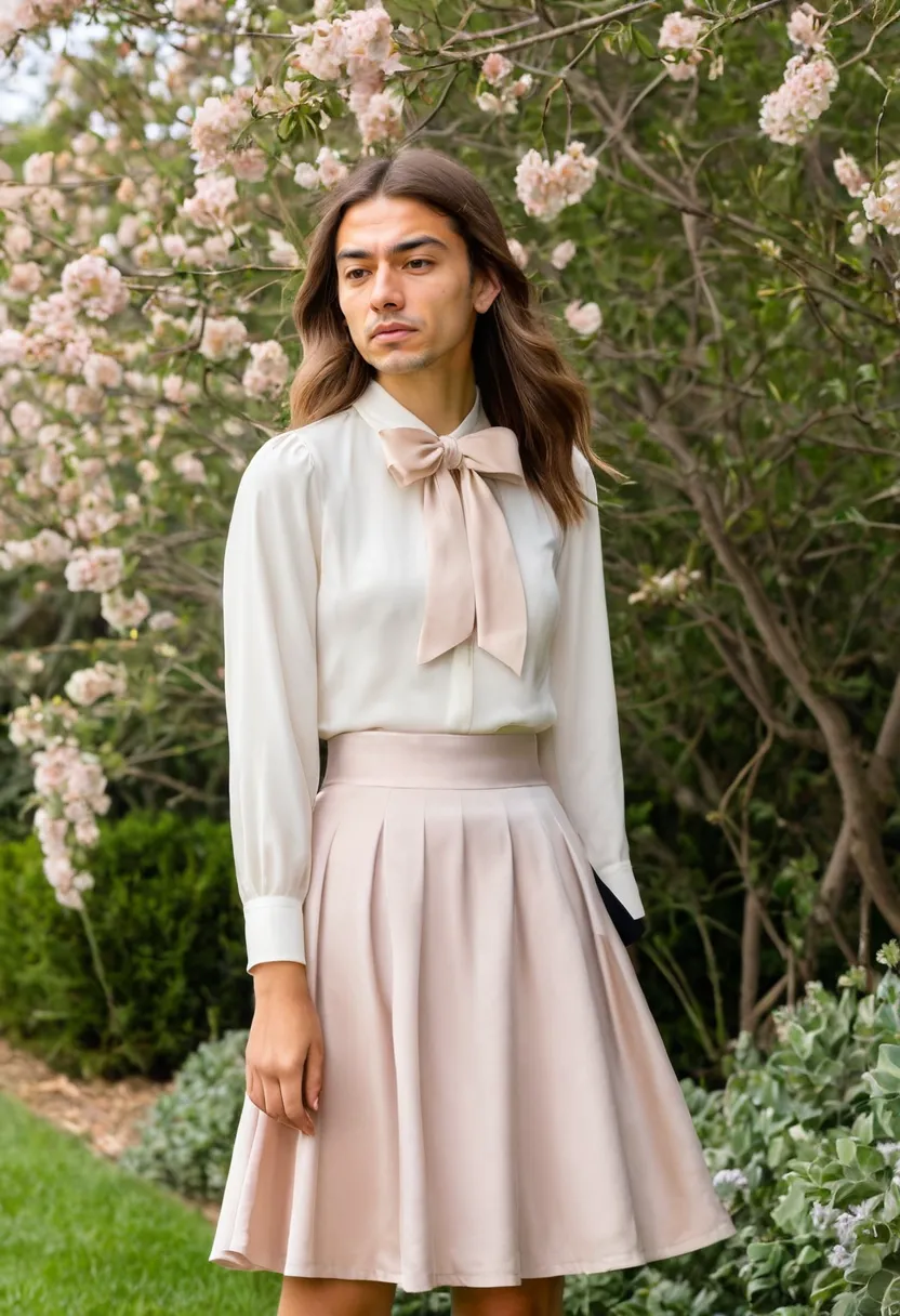 Bow detail shirt men outfit: blush satin ribbon bow collar tucked into midi skirt in garden
