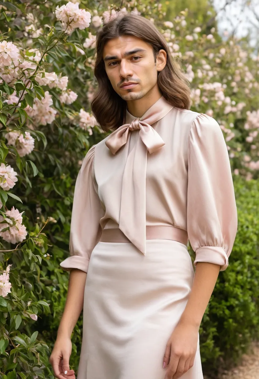Fitted blush blouse with long flowing satin bow ends paired with high-waisted midi skirt