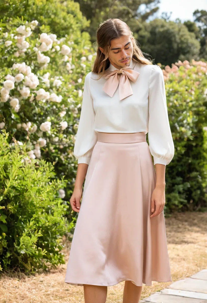 Man wearing soft blush bow blouse tucked into high-waisted midi skirt with satin ribbon at collar