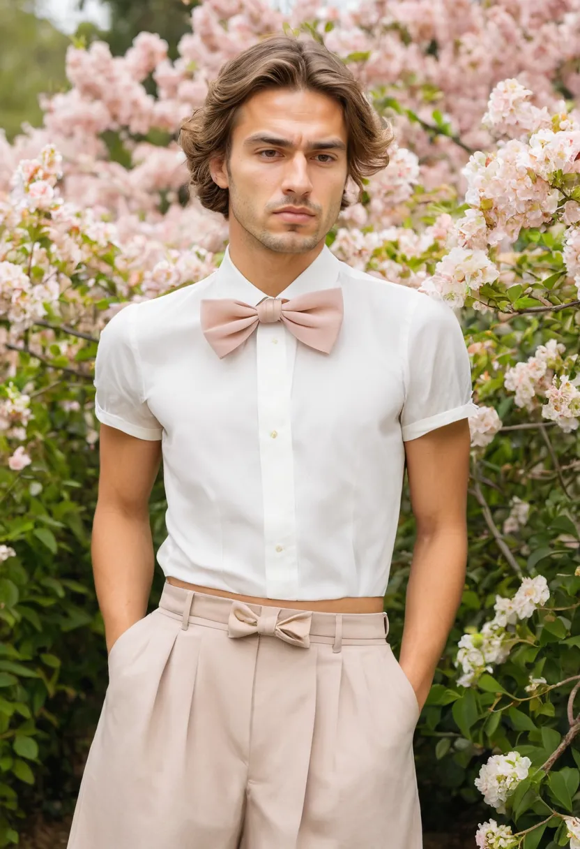 Pale blush bow tie blouse with gathered waist detail, soft focus blooming garden setting