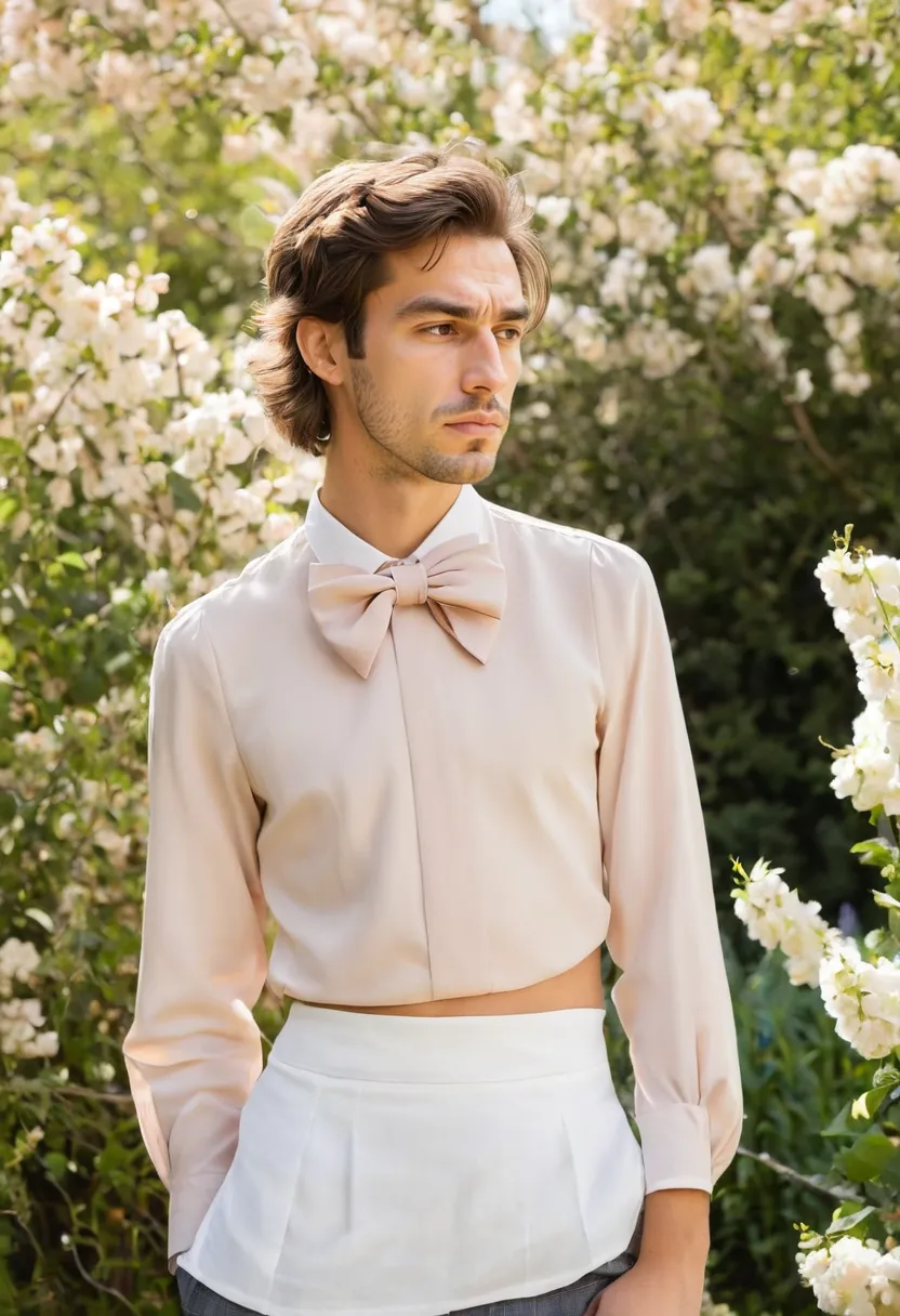 Fitted blush bow blouse for men with soft crepe fabric bunching around midriff bow tie