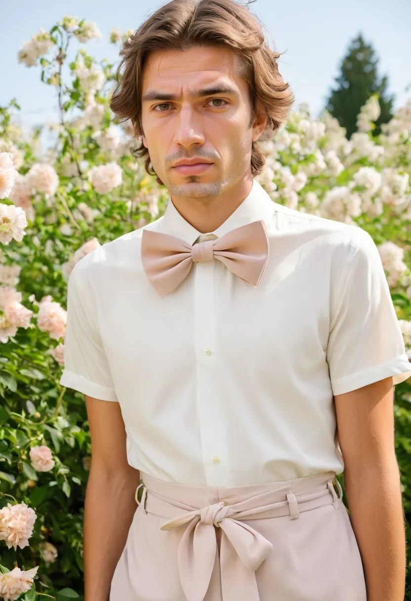 Man wearing pale blush crepe blouse with delicate fabric bow tied at center waist creating gathered focal point