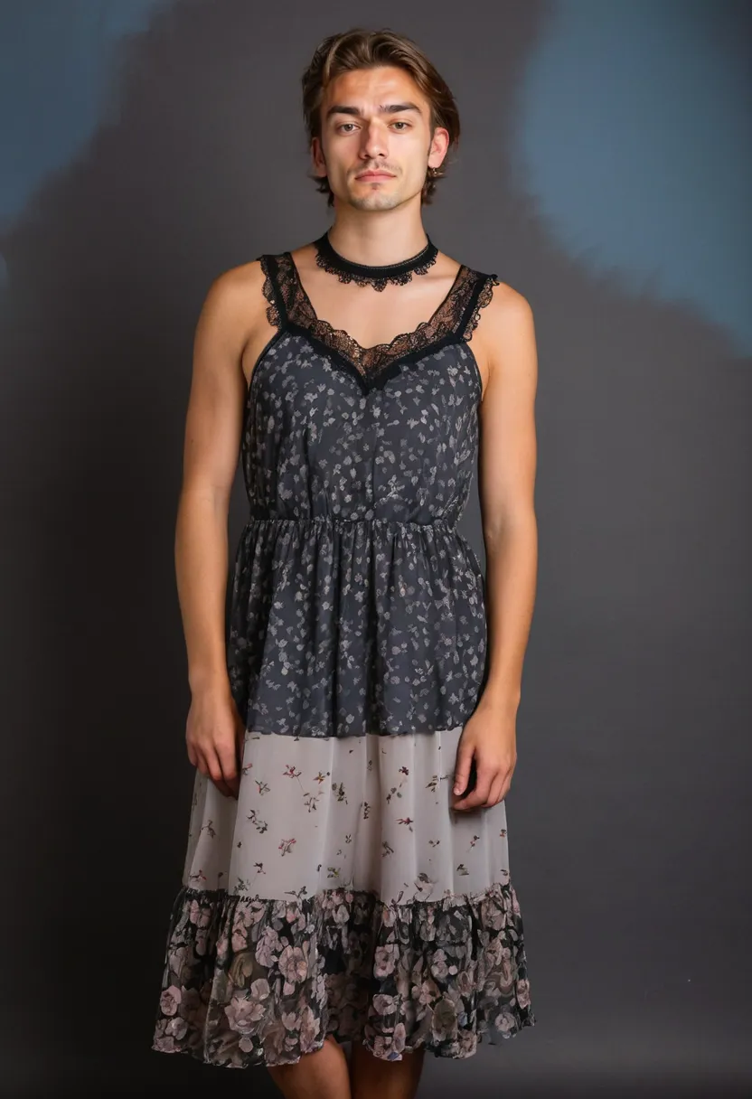 Complete feminine man style transformation showcasing flowing midi dress and soft styling with holographic background