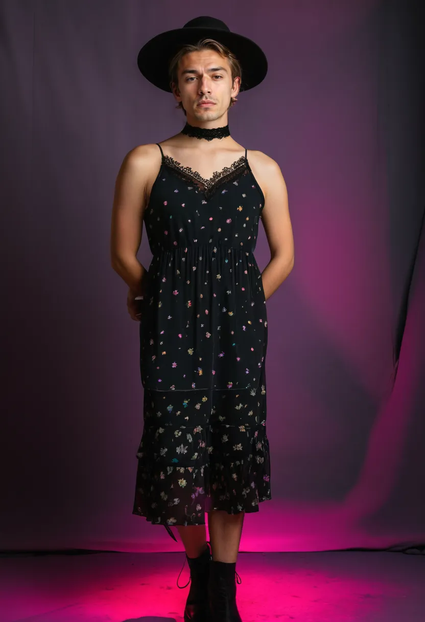 Man in a floral chiffon midi dress with delicate lace neckline, flowing skirt, fully feminine aesthetic against a neon noir studio background with holographic accents