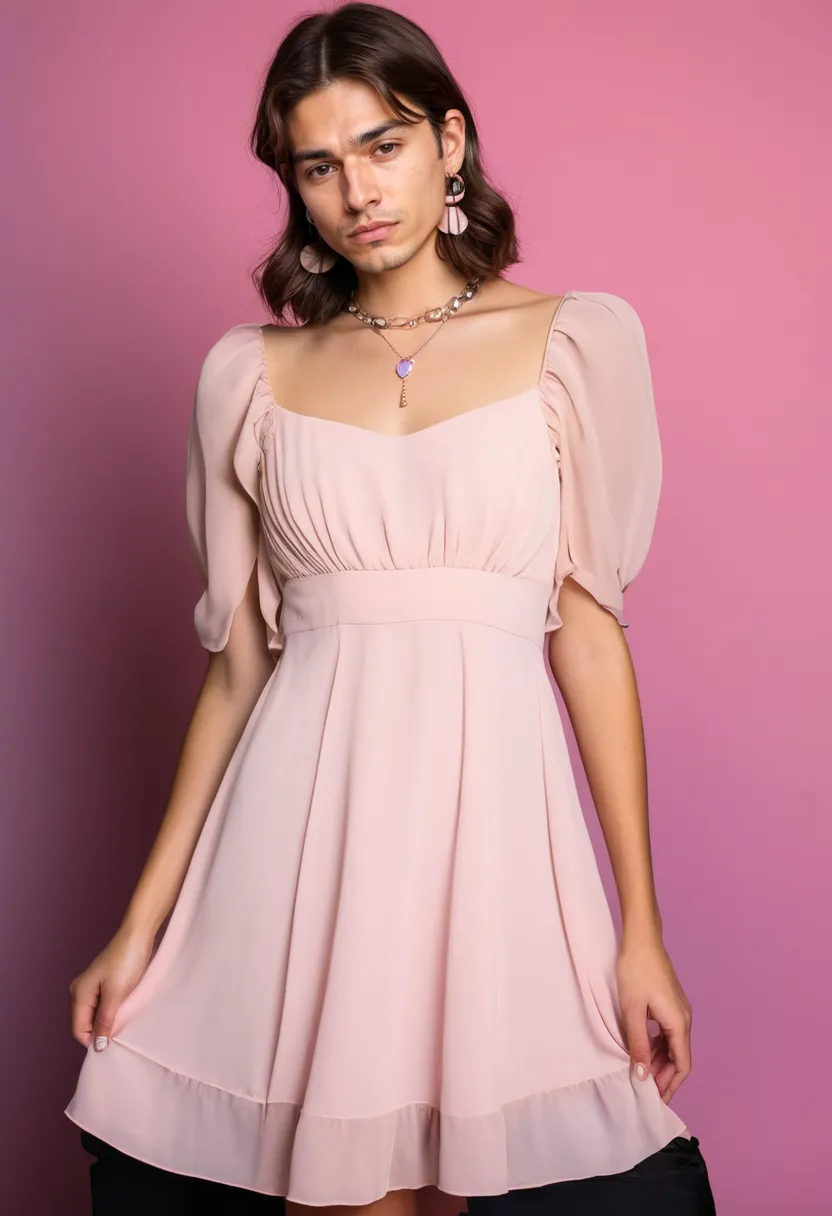 Full soft feminine aesthetic featuring pastel pink chiffon and accessories in neon noir studio with holographic accents