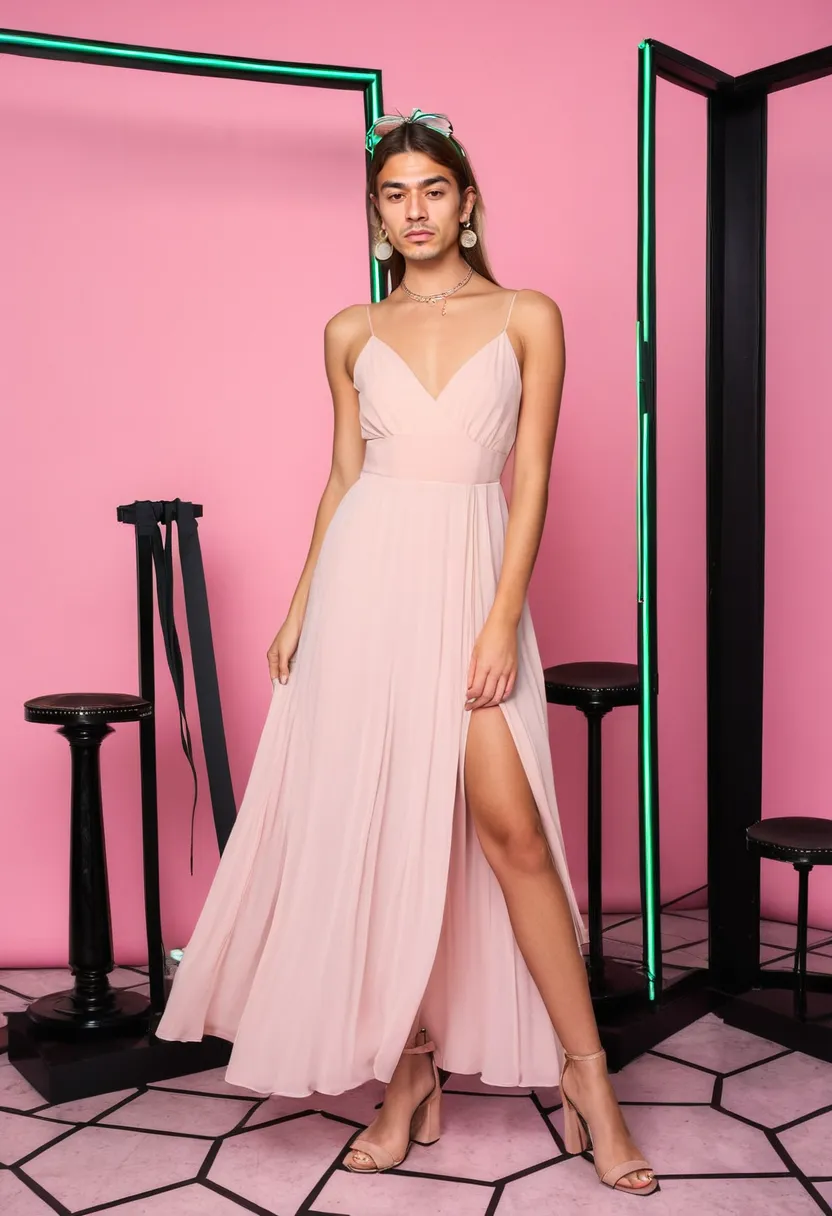 Boy in a complete soft feminine transformation wearing a pastel pink chiffon dress with accessories ready for sharing