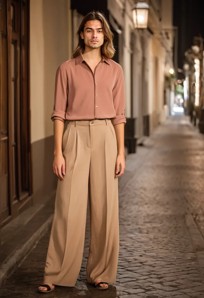 Warm neutral palette with feminine blouse and relaxed trousers