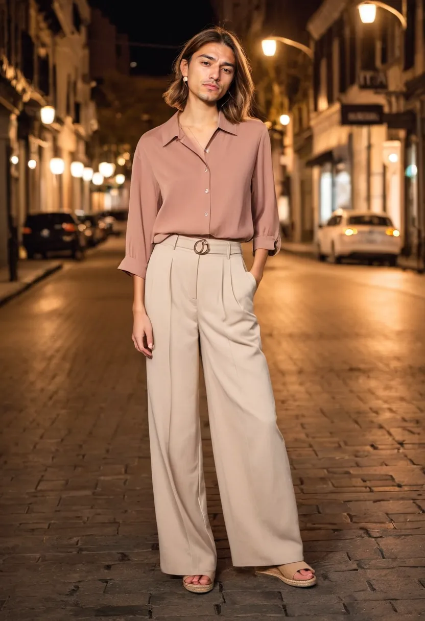 Dusty rose and warm beige outfit combination, lightweight fabric draping in soft tones