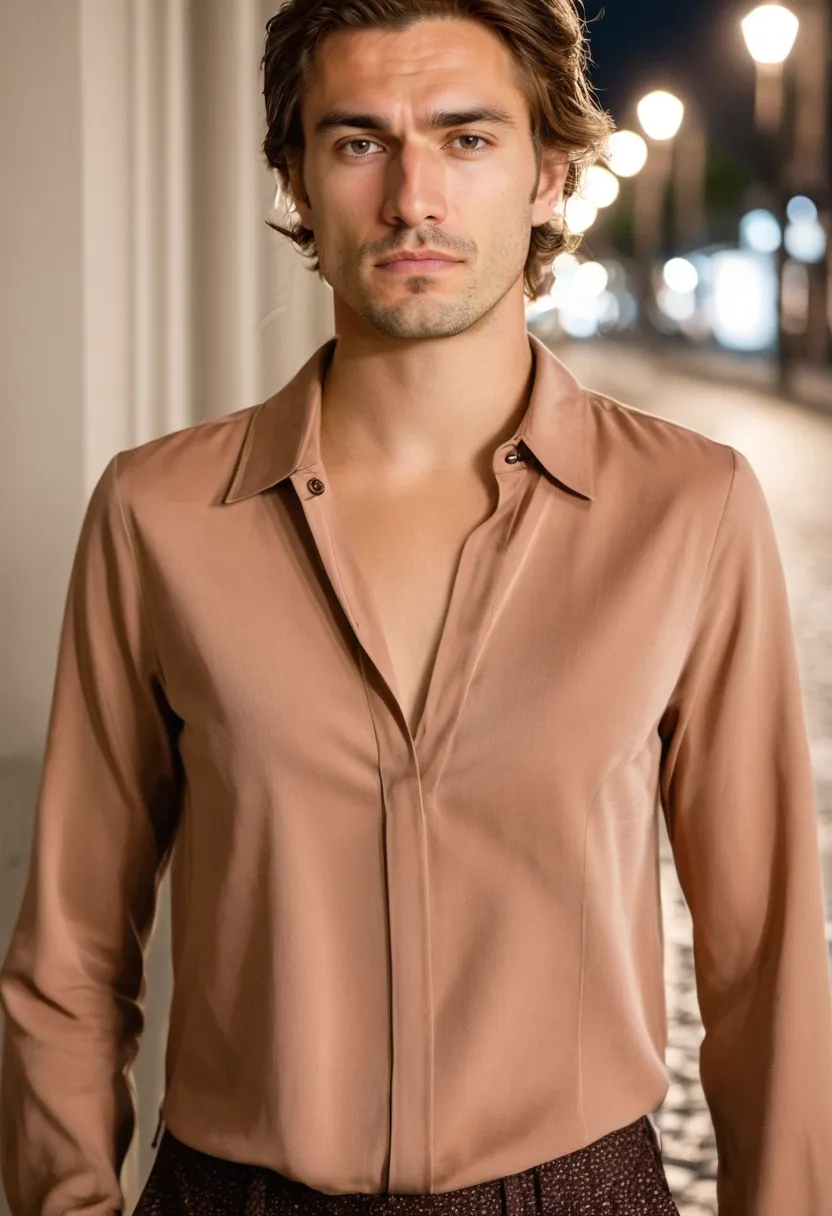 Man wearing a dusty rose blouse with warm beige wide-leg trousers in lightweight easy fabrics