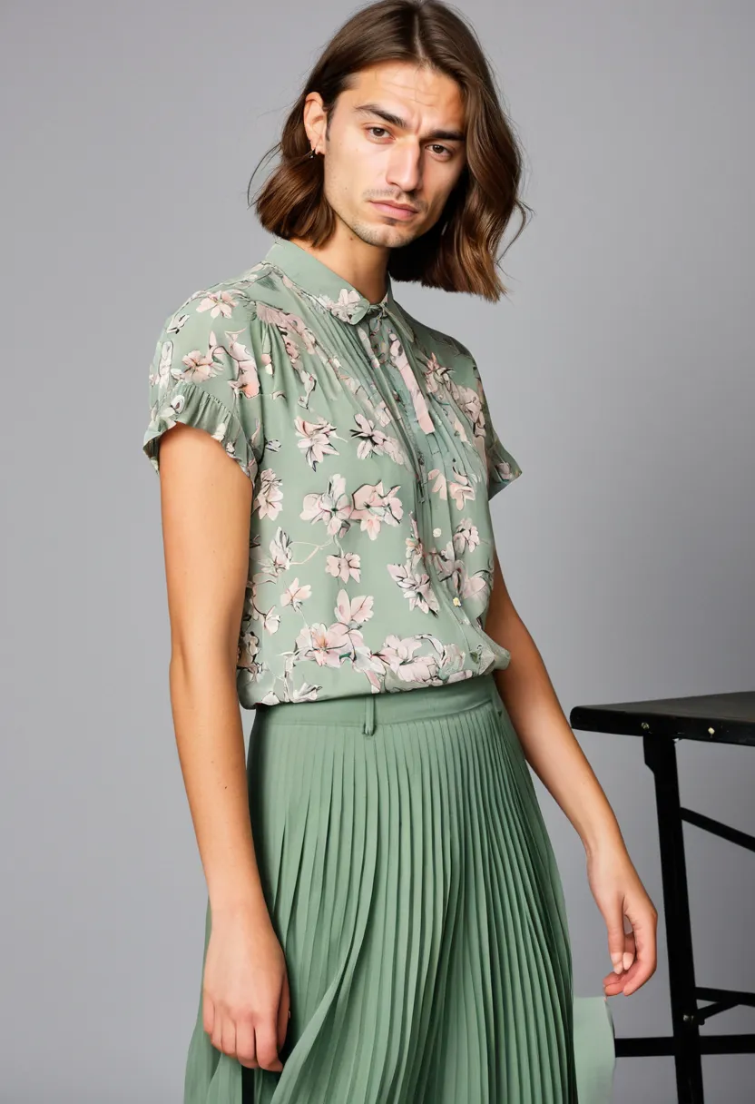 Boy wearing a soft floral blouse with a sage green pleated midi skirt, school-appropriate and quietly feminine