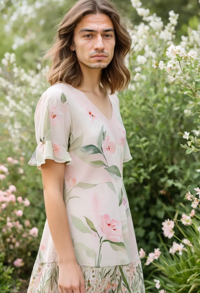 Man in painted-look floral dress with blurred watercolor edges standing in blooming garden