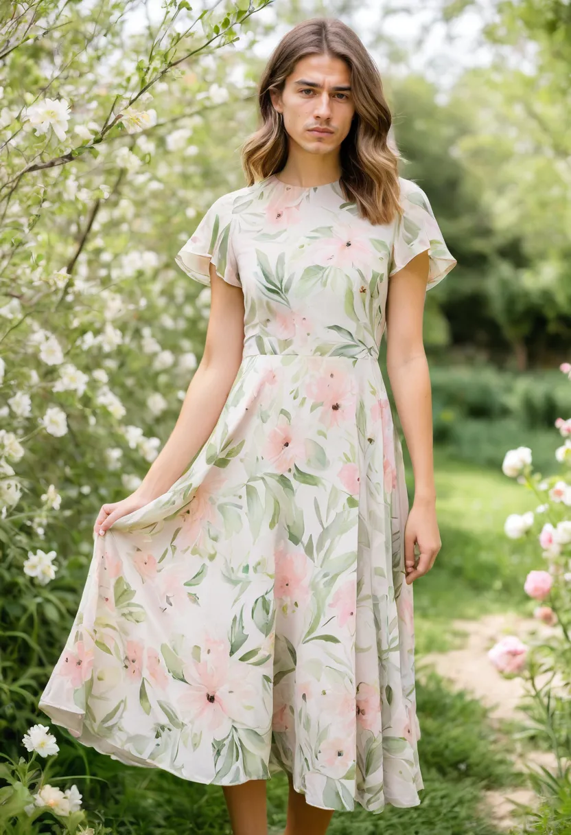 Men dressed in flower dresses featuring lightweight chiffon midi length with flared skirt