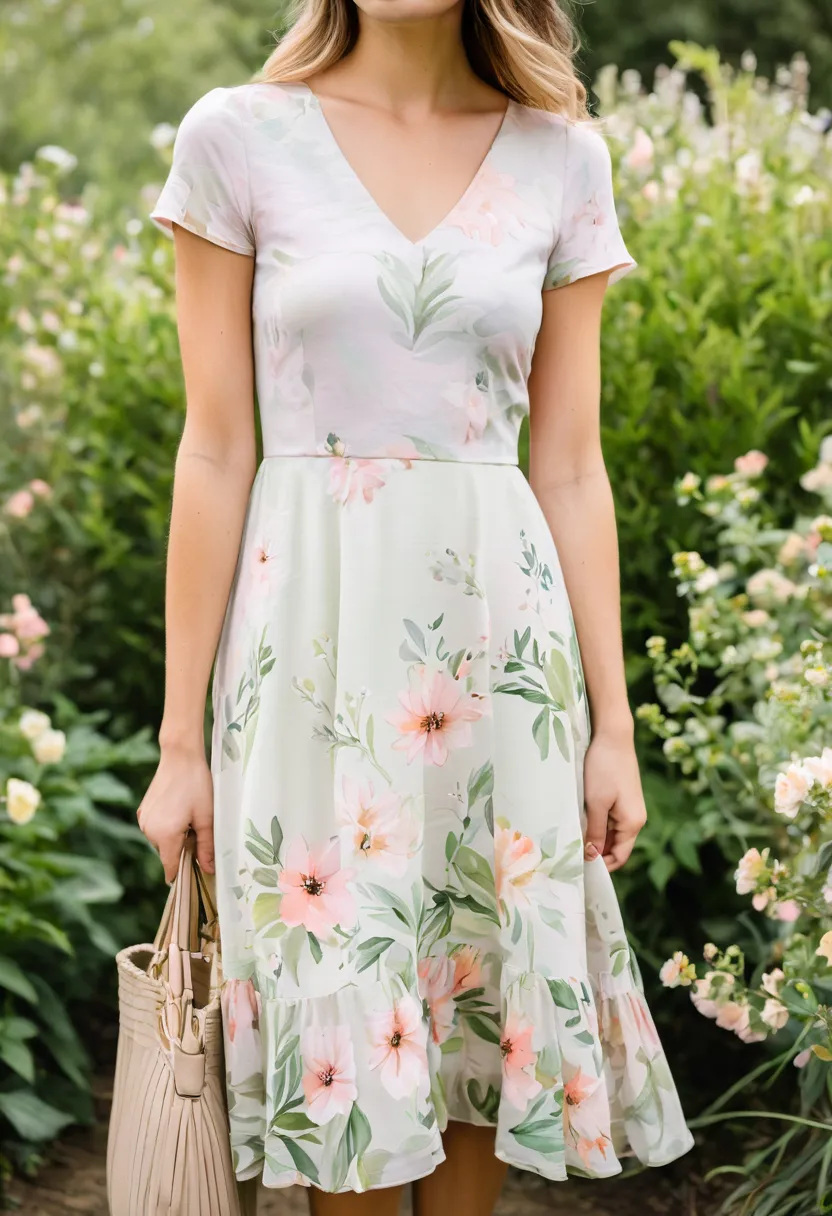 Man wearing a floral dress in soft watercolor blush and ivory tones with painterly florals in pink cream and pale green
