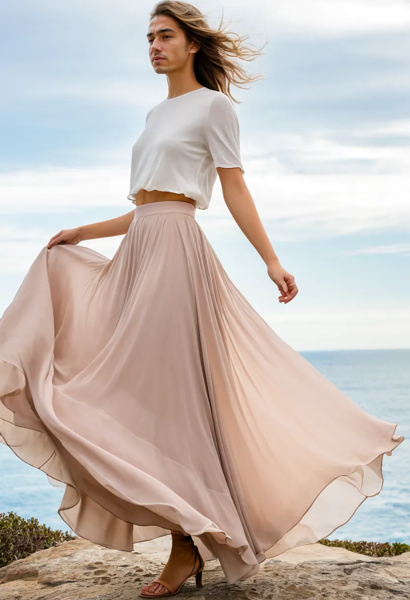 Boys dressed in flowy skirts with sheer chiffon layers floating at different heights, fabric in full flight against cloudy sky and sea