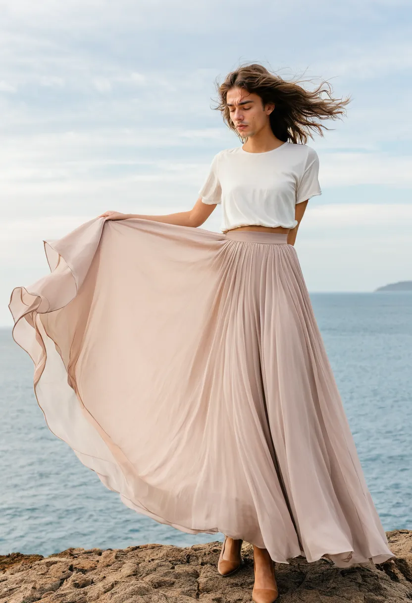 Man wearing a flowy blush chiffon skirt captured mid-twirl, layers fanning out dramatically in a wide circular silhouette