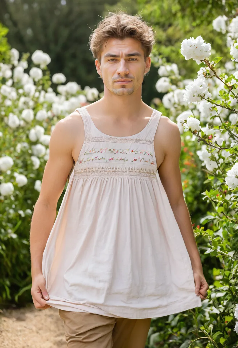 Detail of the smocked bodice and embroidery on a pale blush cotton sundress worn by a man