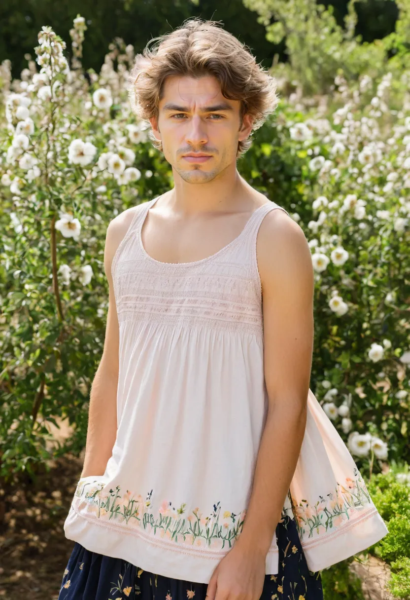A man wearing a delicate pale blush sundress with smocked bodice and fine embroidery, thin shoulder straps, in a blooming garden