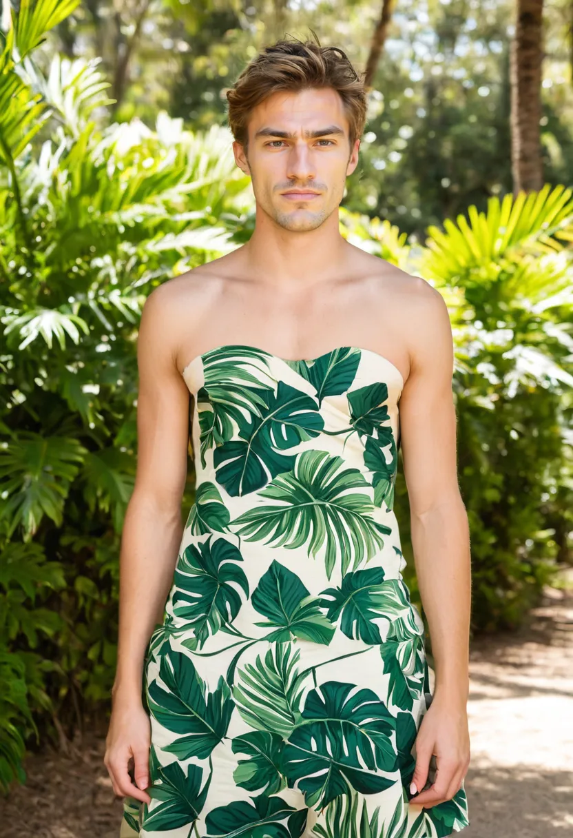 Man in a cream and green leaf-print sundress with fitted bodice and crisp lightweight cotton.