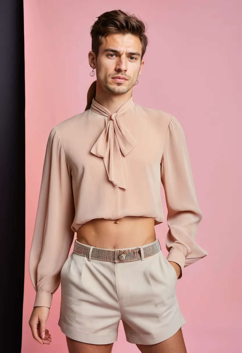 Complete feminine styled look with soft blush chiffon blouse and coordinated accessories in holographic studio lighting