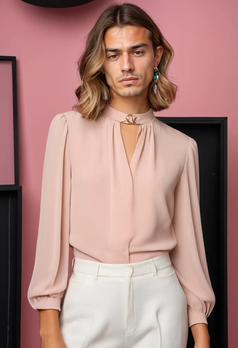 Men feminine makeover style featuring blush chiffon and matching accessories against neon noir background