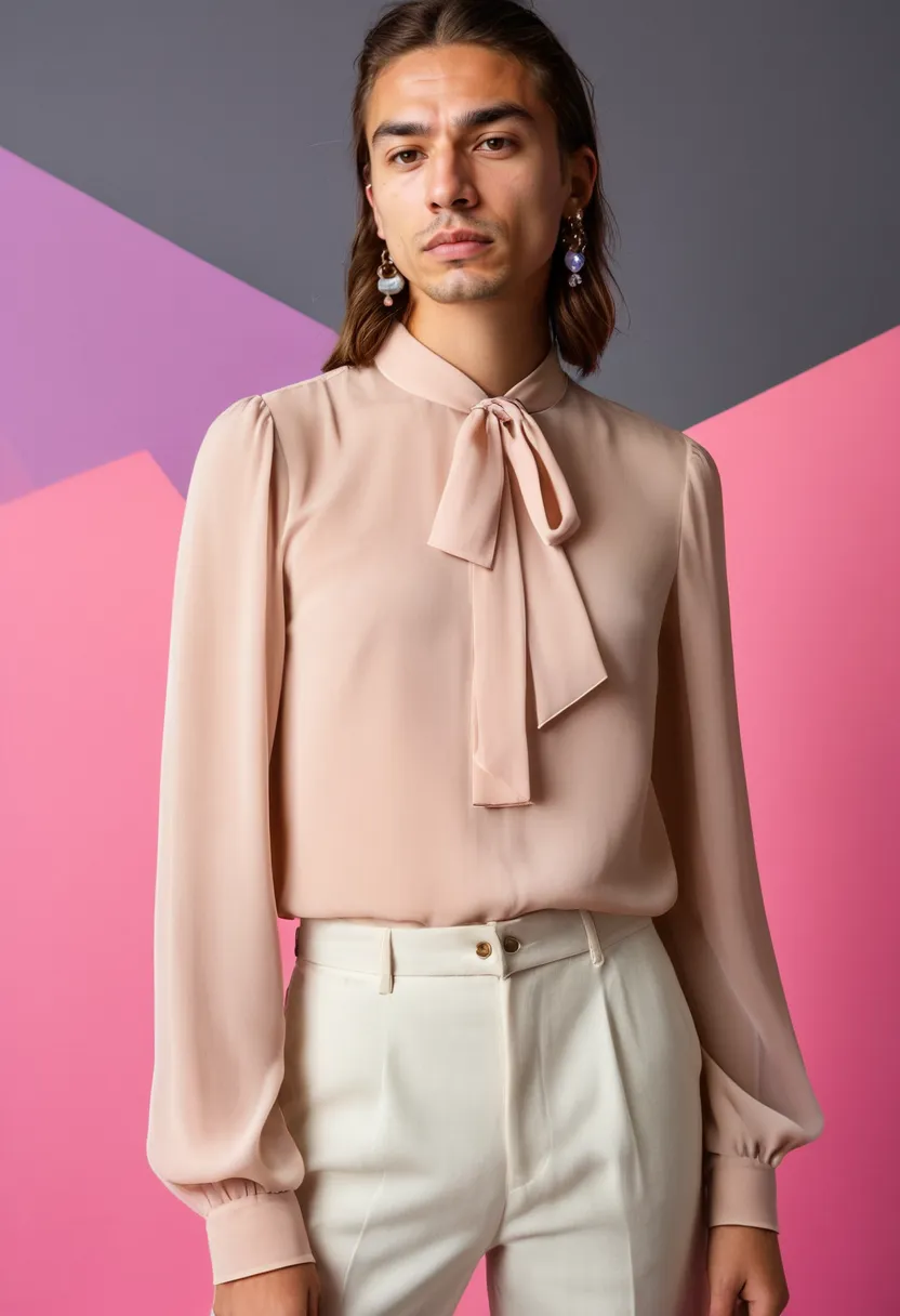 Man wearing a soft chiffon blush blouse with coordinated accessories in a cohesive feminine styled look