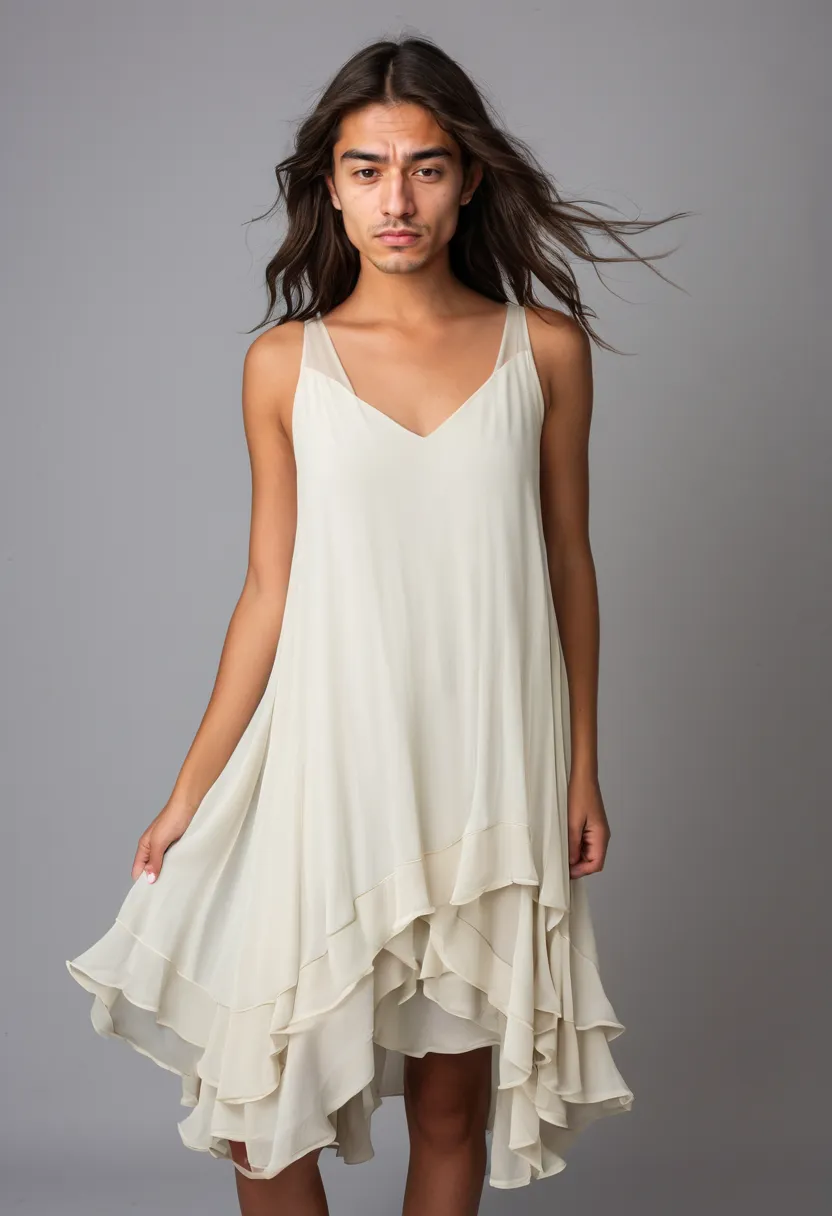 Feminine photoshoot concept featuring a man in ivory chiffon layers with dramatic studio lighting and holographic colour accents